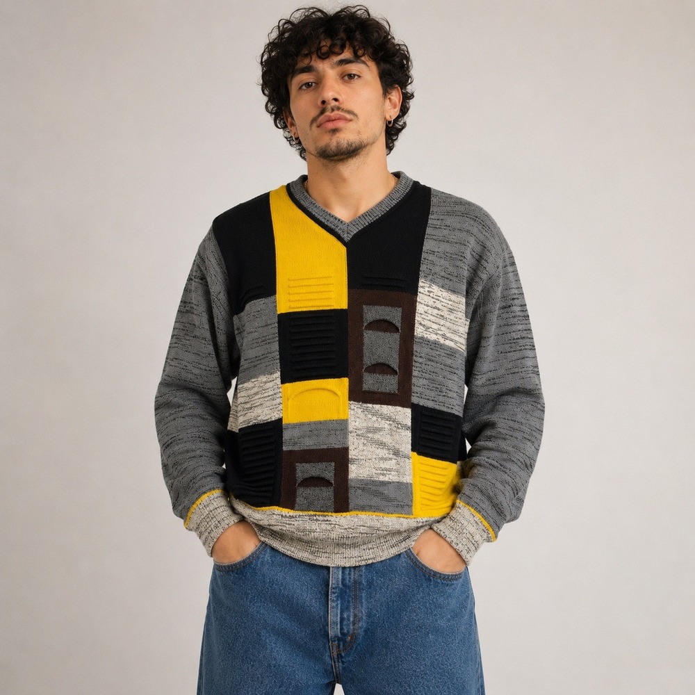 Carlo Colucci 3D Knit Sweater Personality Japan Exclusive Gray Yellow Size 52 XL
